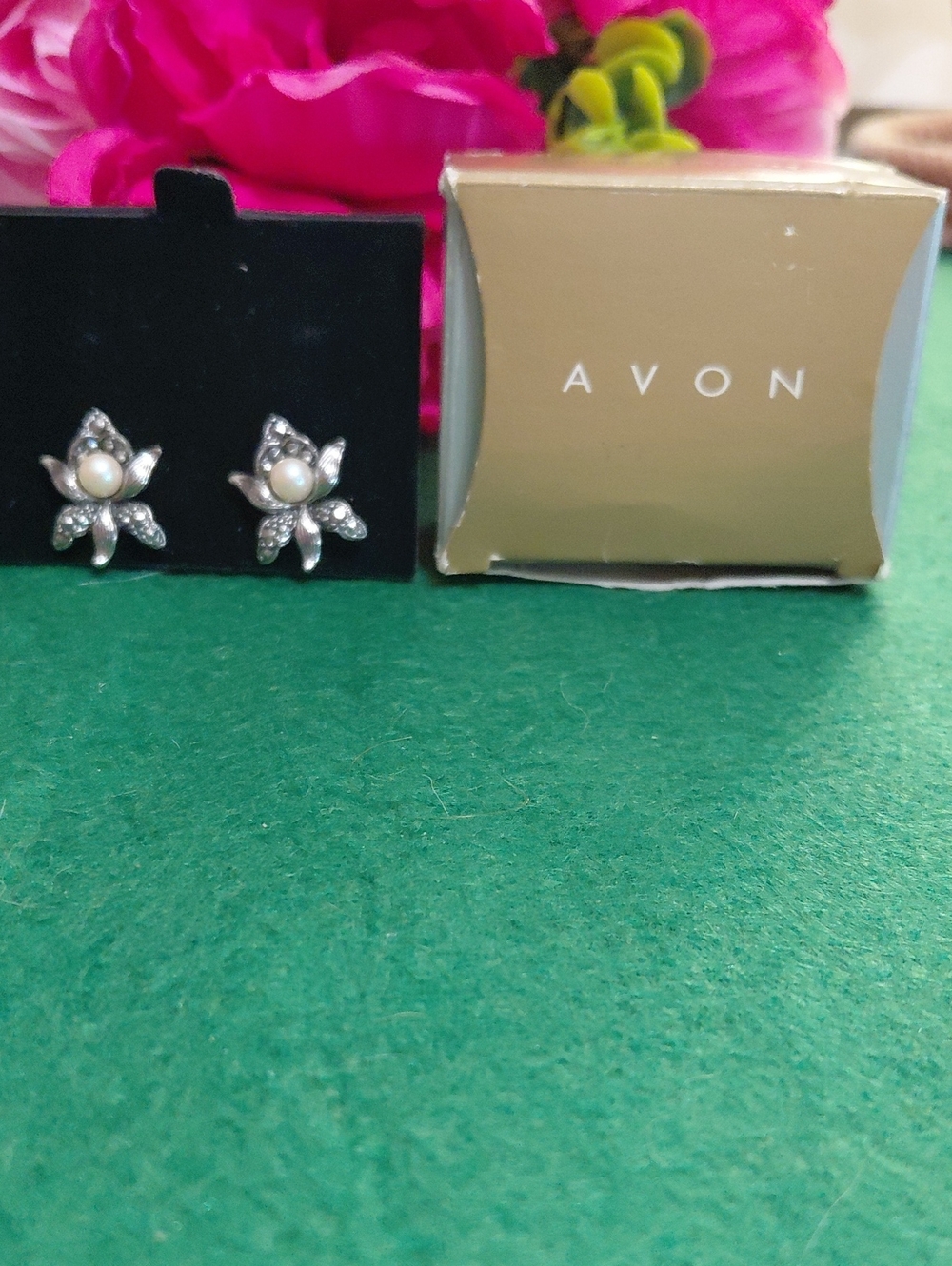 Vintage Avon Marcasite Faux Pearl Orchid Flower Stud Pierced Earrings